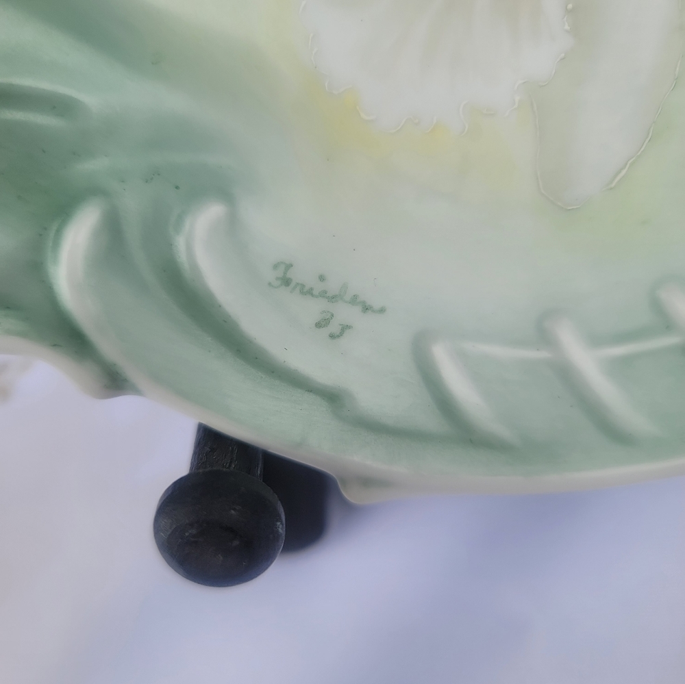 Vintage Ceramic Light Green Trinket with Beautiful Painted Orchid - Picture 3 of 6